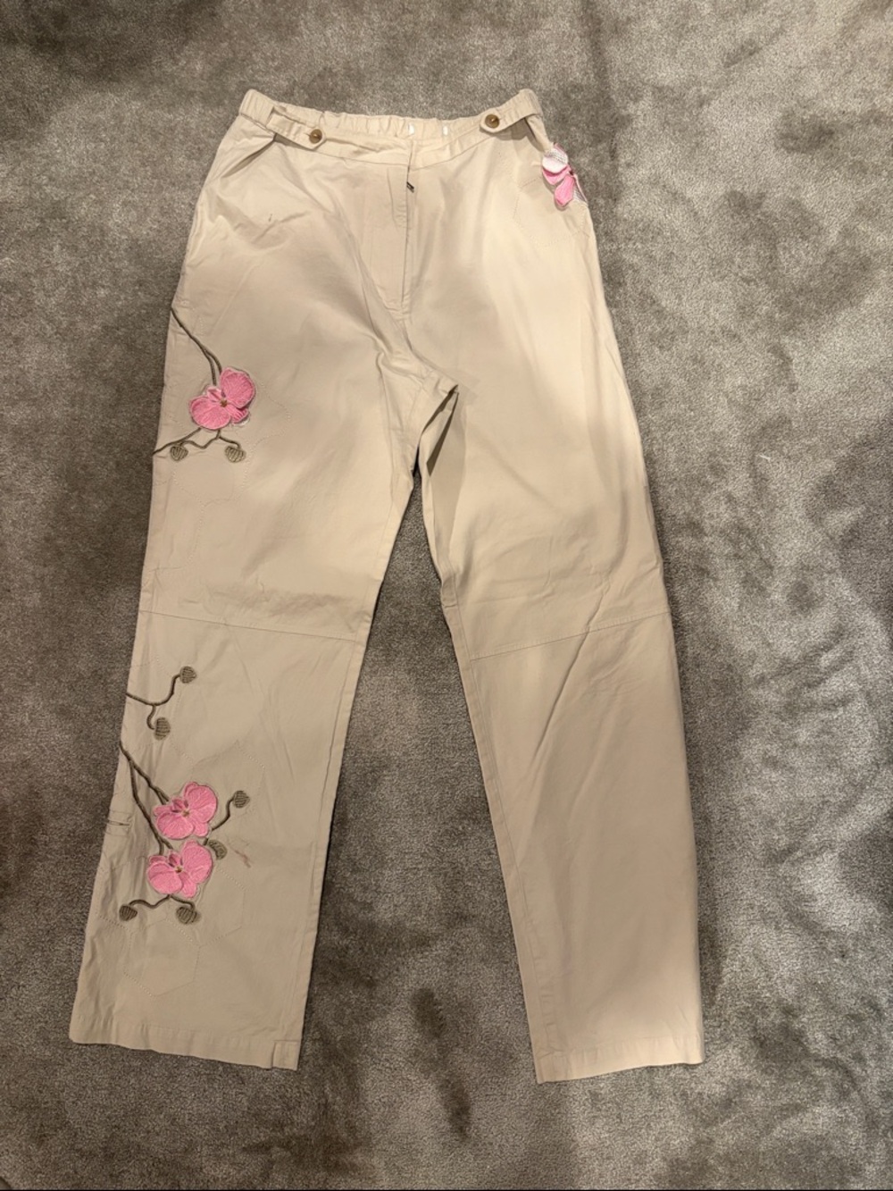 Beige Embroidered Floral Utility Pants - Pink Flower Detail